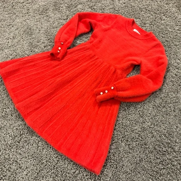 Arshiner Girls red Sweater Dress with lantern sleeves and pleated Twirl skirt - Picture 5 of 7